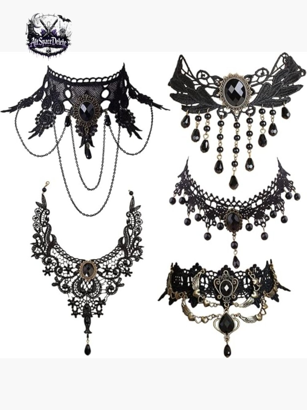 5-Piece Lace Choker Set, Victorian Gothic Steampunk Necklace, Adjustable